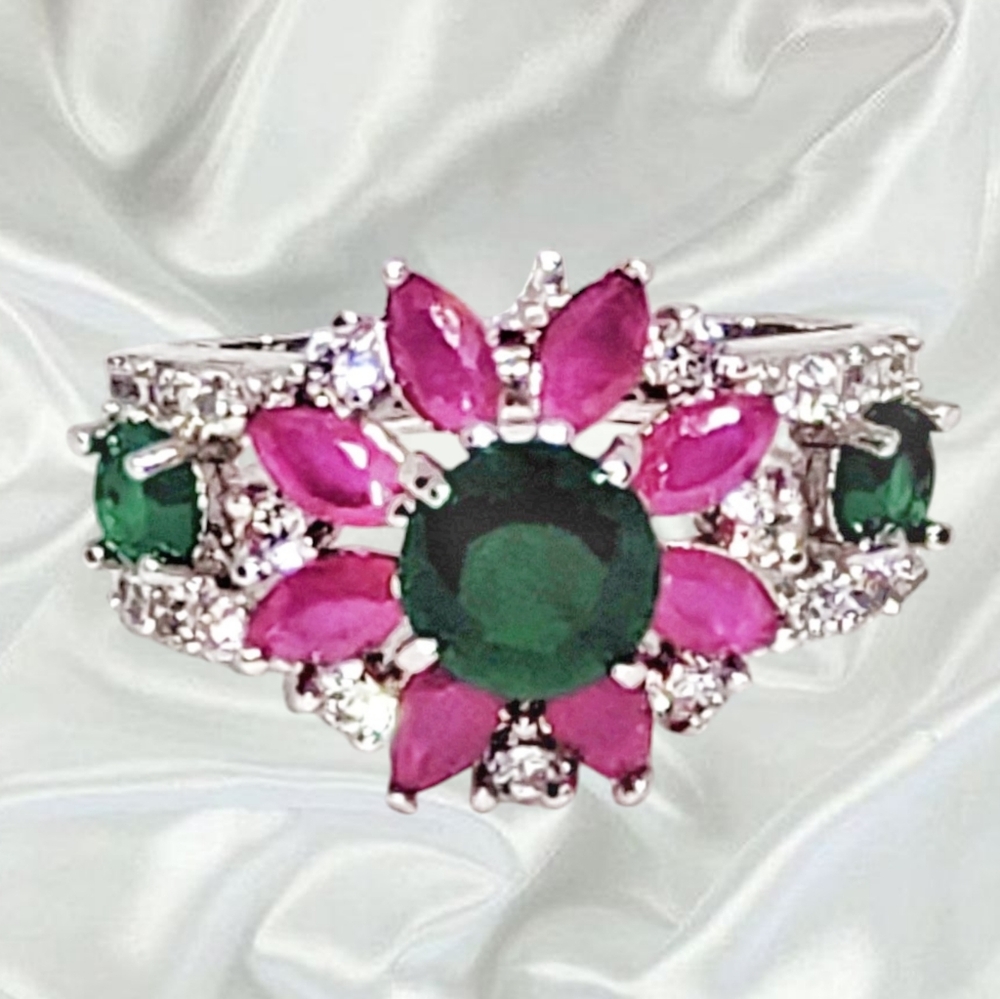 Sterling Silver Ring with Faux Emeralds & Rubies Ring
